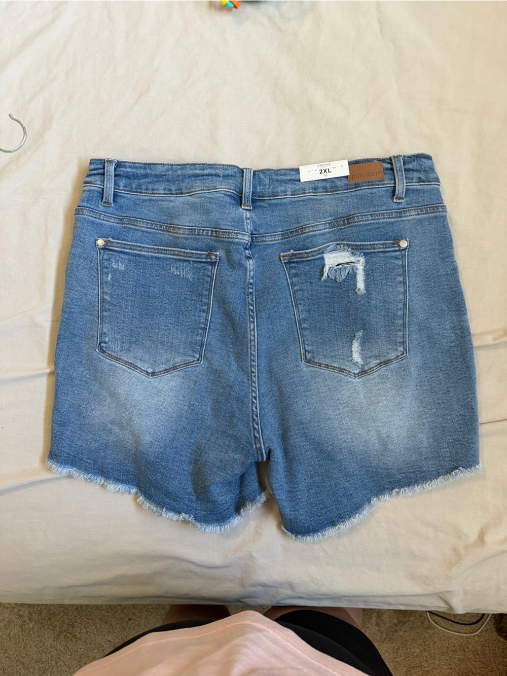 Judy Blue Medium Blue Distressed Denim Shorts with Lemon Patch Detail - Picture 2 of 2